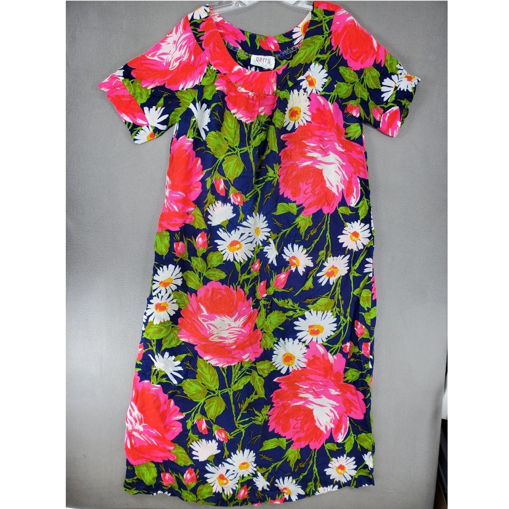 Gerry Muu Muu Sz L/XLNavy Blue Floral Vintage 60s 70s Barkcloth Nightgown Dress‎
